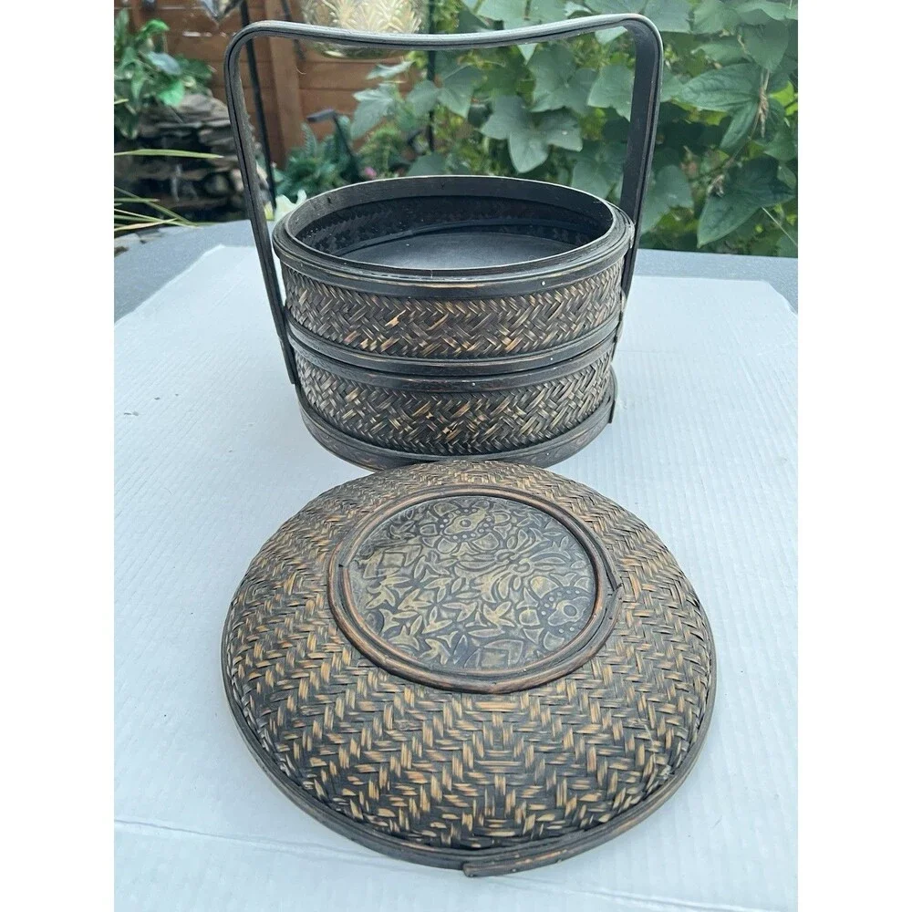 1900 Chinese 2-Tier Woven Bamboo Wedding Basket Metal Floral Medallion